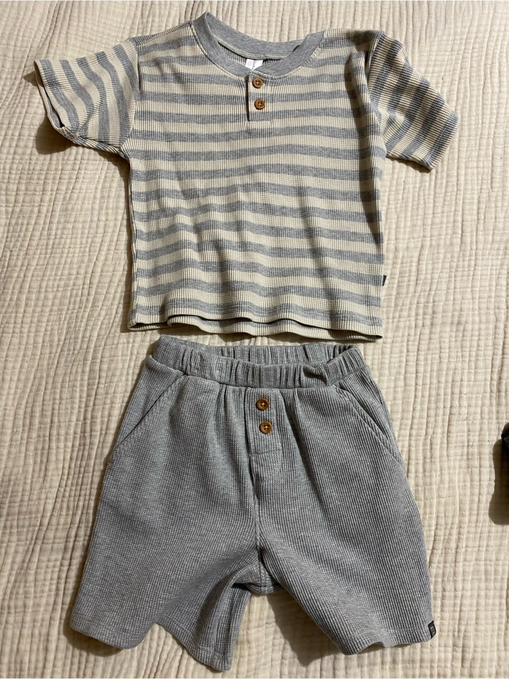 Modern moments Striped Cream and Gray Kids Short Set - Cozy Waffle Knit